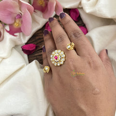 Vriksham Gold Look Alike Floral Dual Finger Ring-Red & White-G20077