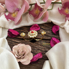 Vriksham Gold Look Alike Floral Dual Finger Ring-Coral & White-G20074