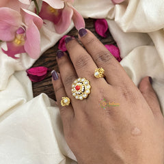 Vriksham Gold Look Alike Floral Dual Finger Ring-Coral & White-G20074