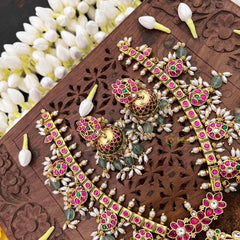 Vriksham Classic Floral Kundan Jadau Guttapusalu Short Neckpiece-Green Bead & Rice Pearls-J4113