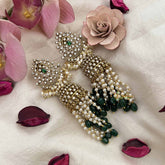 Vriksham Classic Pear Shape AD Silver Dome Jhumka Earrings-Rice Pearls-Green Bead-G20799