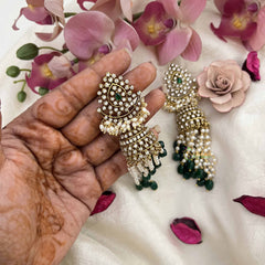 Vriksham Classic Pear Shape AD Silver Dome Jhumka Earrings-Rice Pearls-Green Bead-G20799