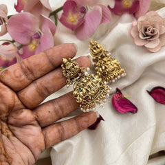 Vriksham Elegant Lakshmi Gold look Dome Jhumka Earrings-Red Green-Pearls-G20801