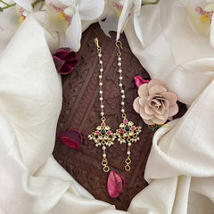 Vriksham Unique Designer Single Strand Kundan Jadau Pearl Maatil-Red Green & White-J3055