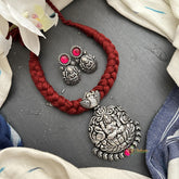 Kolhapuri Lakshmi Pendant Neckpiece-Red Braided Rope-S845