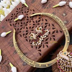 Vriksham Traditional Peacock Handcrafted Multi-Layered Gold Chain Hasli Choker Neckpiece-Pearls-G21512