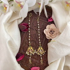 Vriksham Dual Peacock Single Strand Kundan Jadau Pearl Maatil-Red Green & White-J3061