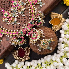 Vriksham Antique Floral Gold With Mango Motifs & Pearl Kundan Jadau Guttapusalu Short Neckpiece-Green Bead & Rice Pearls-J4112