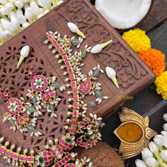 Vriksham Antique Floral Gold With Mango Motifs & Pearl Kundan Jadau Guttapusalu Short Neckpiece-Green Bead & Rice Pearls-J4112