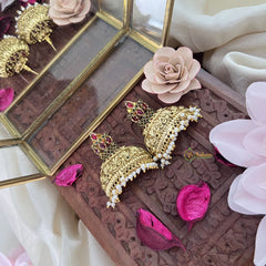 Vriksham Fancy Gold Look Alike AD Stone Jhumkas-Red Green-Pearls-G12050