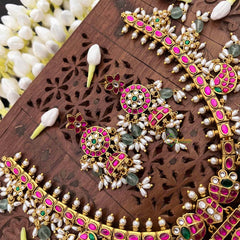 Vriksham Antique Floral Gold With Mango Motifs & Pearl Kundan Jadau Guttapusalu Short Neckpiece-Green Bead & Rice Pearls-J4112