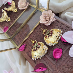 Vriksham Fancy Gold Look Alike AD Stone Jhumkas-Red Green-Pearls-G12050