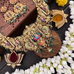 Vriksham Lord Ganesha Traditional Indian Bridal Hand-Painted Enamel & Green Bead Accents Long Neckpiece-G21492