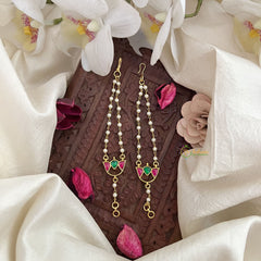 Vriksham Antique Designer Single Strand Kundan Jadau Pearl Maatil-Red Green-J3049