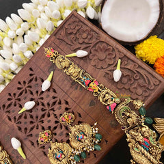 Vriksham Lord Ganesha Traditional Indian Bridal Hand-Painted Enamel & Green Bead Accents Long Neckpiece-G21492