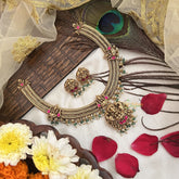 Vriksham Designer Triple Gold Plated Lakshmi Designs Choker-Green Bead-G19086