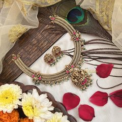 Vriksham Designer Triple Gold Plated Lakshmi Designs Choker-Green Bead-G19086