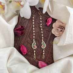 Vriksham Fish Shape Single Strand Kundan Jadau Pearl Maatil-Red Green-J3057