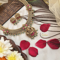 Vriksham Designer Triple Gold Plated Lakshmi Designs Choker-Green Bead-G19086