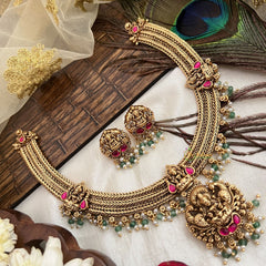 Vriksham Designer Triple Gold Plated Lakshmi Designs Choker-Green Bead-G19086