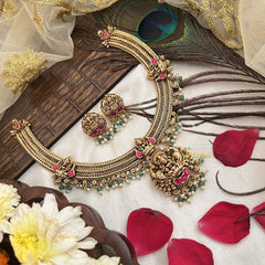 Vriksham Designer Triple Gold Plated Lakshmi Designs Choker-Green Bead-G19086