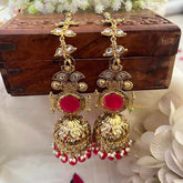 Vriksham Meera Antique Temple Red Stone Stud With Red Bead Drops Long Jhumka With Earchain-G22089