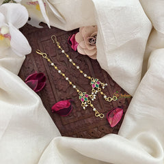 Vriksham Dual Bird Single Strand Kundan Jadau Pearl Maatil-Red Green-J3062