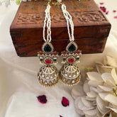 Vriksham Classic Devika Kundan Red & Green Stone Tops With Pearl Strings & Mirror Dome Jhumka With Earchain Earring-G22090