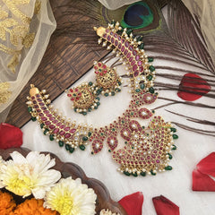Vriksham Dual Peacock Pendant Hasli Style Short Neckpiece-Red, Green & White-Green Beads-G19085