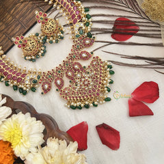 Vriksham Dual Peacock Pendant Hasli Style Short Neckpiece-Red, Green & White-Green Beads-G19085