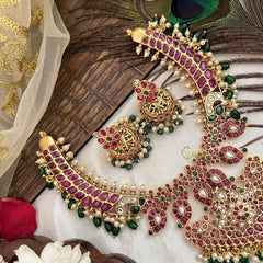 Vriksham Dual Peacock Pendant Hasli Style Short Neckpiece-Red, Green & White-Green Beads-G19085