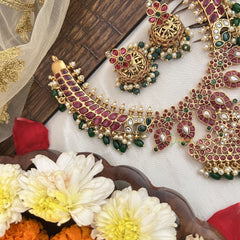 Vriksham Dual Peacock Pendant Hasli Style Short Neckpiece-Red, Green & White-Green Beads-G19085