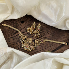 Elegant Lakshmi Pendant High Neck Choker-Red -Gold Bead and Pearl-G10443