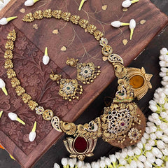 Vriksham Classic Peacock & Floral Gold Bead & Green Red Accents Long Neckpiece-G21497