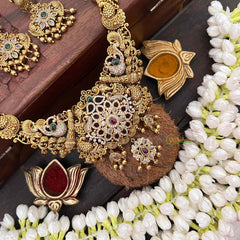 Vriksham Classic Peacock & Floral Gold Bead & Green Red Accents Long Neckpiece-G21497