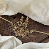 Elegant Lakshmi Pendant High Neck Choker-Red green-Green Bead and Pearl-G10442