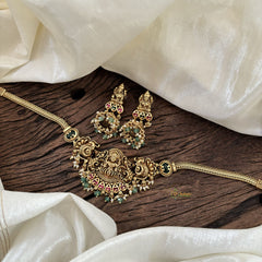 Elegant Lakshmi Pendant High Neck Choker-Red green-Green Bead and Pearl-G10442