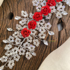 Vriksham Crystal Silver with Red Rose Floral Bridal Hair Accessories-H931