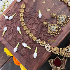 Vriksham Classic Peacock & Floral Gold Bead & Green Red Accents Long Neckpiece-G21497