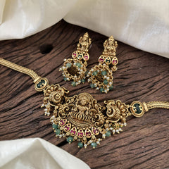 Elegant Lakshmi Pendant High Neck Choker-Red green-Green Bead and Pearl-G10442