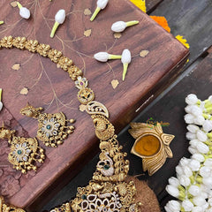 Vriksham Classic Peacock & Floral Gold Bead & Green Red Accents Long Neckpiece-G21497