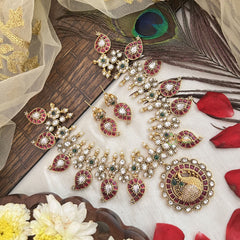 Vriksham Elegant Peacock Pendant Manga Short Neckpiece-Red, Green & White-G19084