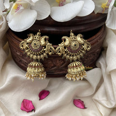 Vriksham Premium Dual Peacock AD Stone Jhumkas -Red- G9169