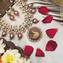 Vriksham Elegant Peacock Pendant Manga Short Neckpiece-Red, Green & White-G19084