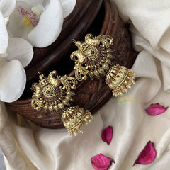 Vriksham Premium Dual Peacock AD Stone Jhumkas -Red- G9169