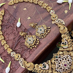 Vriksham Classic Peacock & Floral Gold Bead & Green Red Accents Long Neckpiece-G21497