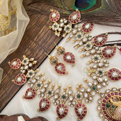 Vriksham Elegant Peacock Pendant Manga Short Neckpiece-Red, Green & White-G19084