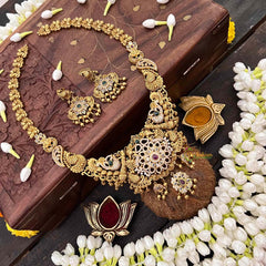 Vriksham Classic Peacock & Floral Gold Bead & Green Red Accents Long Neckpiece-G21497