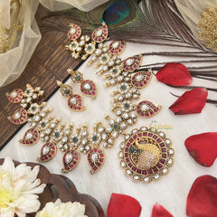 Vriksham Elegant Peacock Pendant Manga Short Neckpiece-Red, Green & White-G19084