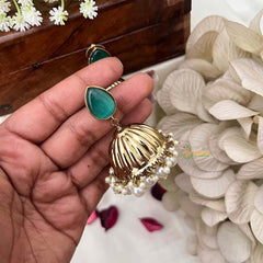Vriksham Teardrop Green With Golden Dome & White Pearls Jhumka-G20122